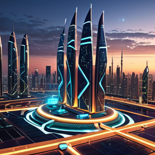 Home 11 **
A futuristic cityscape at dusk, showcasing interconnected smart city infrastructure (energy grids, transportation systems) protected by a glowing digital shield. In the foreground, diverse people attend a cybersecurity awareness workshop. Arabic script subtly incorporated into the cityscape design. The overall feel is secure, advanced, and focused on community protection.
**