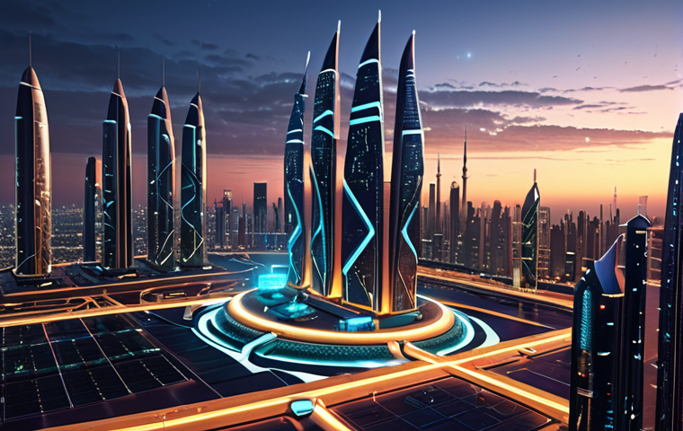 **
A futuristic cityscape at dusk, showcasing interconnected smart city infrastructure (energy grids, transportation systems) protected by a glowing digital shield. In the foreground, diverse people attend a cybersecurity awareness workshop. Arabic script subtly incorporated into the cityscape design. The overall feel is secure, advanced, and focused on community protection.
**