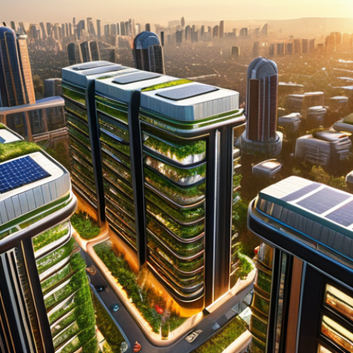 Home 6 **A Vibrant, Intelligent Metropolis at Dawn:**
A breathtaking, high-angle shot of a futuristic smart city as the sun rises, casting a warm, golden glow reminiscent of Arabian mornings. Buildings feature dynamic, adaptive facades that subtly shift colors and transparency, integrating seamlessly with transparent solar panels that shimmer with generated energy. Lush, cascading vertical gardens and elevated green pathways are interwoven throughout the sleek, modern architecture, creating a sense of a "breathing" and sustainable urban ecosystem. Subtle, intricate light patterns flow across the city, symbolizing its integrated AI and IoT network, making it appear as a single, living organism. The scene should evoke optimism, technological advancement, and a harmonious future, with a focus on cutting-edge materials and a low carbon footprint.