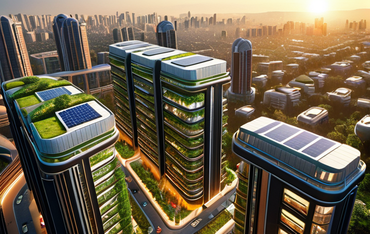 **A Vibrant, Intelligent Metropolis at Dawn:**
A breathtaking, high-angle shot of a futuristic smart city as the sun rises, casting a warm, golden glow reminiscent of Arabian mornings. Buildings feature dynamic, adaptive facades that subtly shift colors and transparency, integrating seamlessly with transparent solar panels that shimmer with generated energy. Lush, cascading vertical gardens and elevated green pathways are interwoven throughout the sleek, modern architecture, creating a sense of a "breathing" and sustainable urban ecosystem. Subtle, intricate light patterns flow across the city, symbolizing its integrated AI and IoT network, making it appear as a single, living organism. The scene should evoke optimism, technological advancement, and a harmonious future, with a focus on cutting-edge materials and a low carbon footprint.