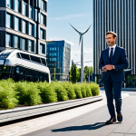 A professional individual, fully clothed in a modest business suit, walking confidently through a vibrant, modern smart city. The cityscape features sleek, sustainable architecture, integrated green spaces, and visible renewable energy installations like solar panels on rooftops. Efficient, clean public transport, such as an electric tram, is visible in the background. The atmosphere is clean, bright, and optimistic, showcasing advanced urban planning. Perfect anatomy, correct proportions, natural pose, well-formed hands, proper finger count, natural body proportions. Safe for work, appropriate content, family-friendly, professional dress, high quality, professional photography.