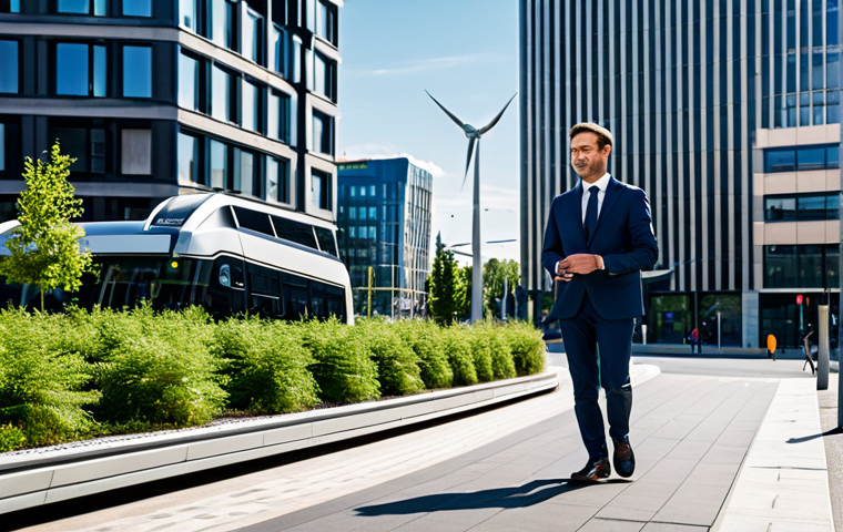 A professional individual, fully clothed in a modest business suit, walking confidently through a vibrant, modern smart city. The cityscape features sleek, sustainable architecture, integrated green spaces, and visible renewable energy installations like solar panels on rooftops. Efficient, clean public transport, such as an electric tram, is visible in the background. The atmosphere is clean, bright, and optimistic, showcasing advanced urban planning. Perfect anatomy, correct proportions, natural pose, well-formed hands, proper finger count, natural body proportions. Safe for work, appropriate content, family-friendly, professional dress, high quality, professional photography.