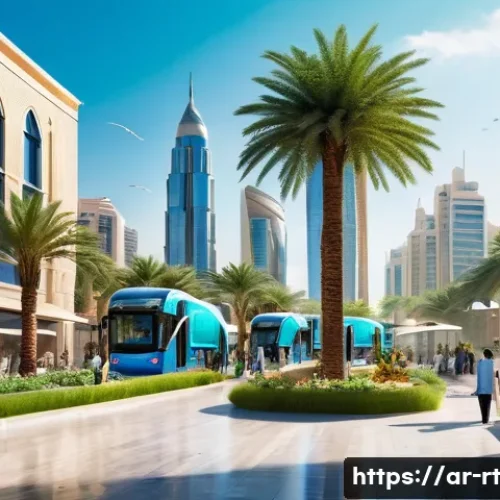 스마트시티 디자인의 전반적인 접근법 - A vibrant, futuristic smart cityscape set in an Arabic cultural context, featuring sleek skyscrapers...