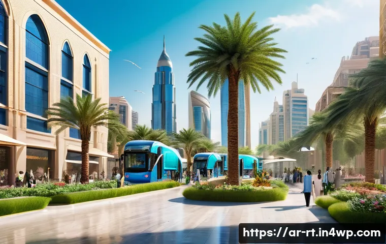 스마트시티 디자인의 전반적인 접근법 - A vibrant, futuristic smart cityscape set in an Arabic cultural context, featuring sleek skyscrapers...