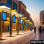 스마트시티 디자인을 위한 사용자 경험 UX - A vibrant smart city street scene in a modern Arab metropolis during golden hour, showcasing diverse...