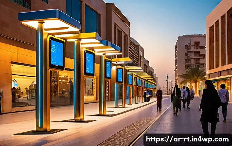 스마트시티 디자인을 위한 사용자 경험 UX - A vibrant smart city street scene in a modern Arab metropolis during golden hour, showcasing diverse...