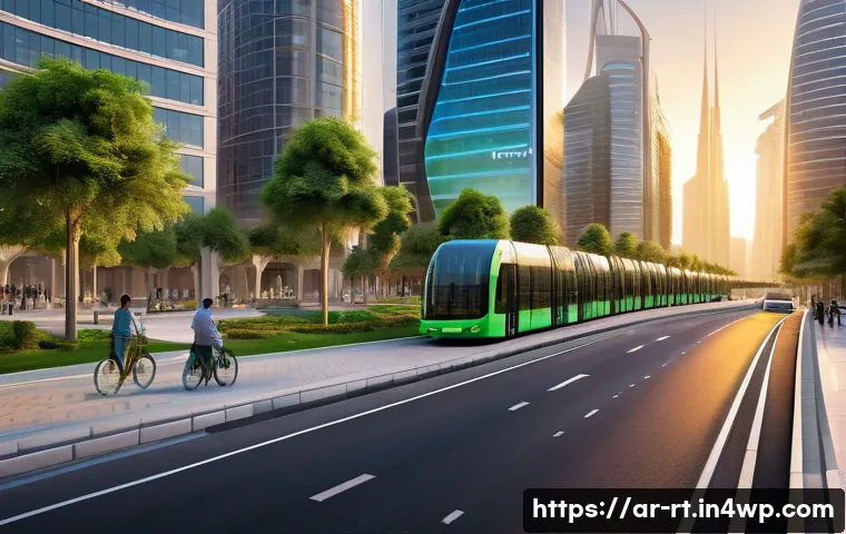 스마트시티 디자인과 자원 회수 기술 - A futuristic smart cityscape in an Arab metropolis at sunset, showcasing integrated infrastructure w...