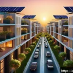 스마트시티 디자인과 시민의 삶의 질 향상 - A futuristic smart city neighborhood at sunset in the Middle East, showcasing advanced smart grids w...