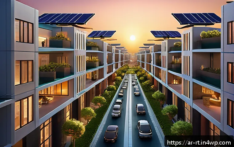 스마트시티 디자인과 시민의 삶의 질 향상 - A futuristic smart city neighborhood at sunset in the Middle East, showcasing advanced smart grids w...