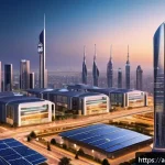 스마트시티 디자인의 정책적 지원 방안 - A futuristic smart cityscape at dusk in an Arabic metropolitan setting, featuring advanced 5G commun...