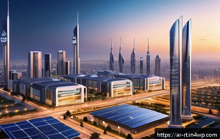 스마트시티 디자인의 정책적 지원 방안 - A futuristic smart cityscape at dusk in an Arabic metropolitan setting, featuring advanced 5G commun...