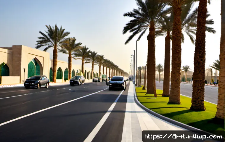 스마트시티 디자인에서의 자율주행차 통합 - Photorealistic smart city boulevard in a modern Arab Gulf metropolis, a sleek autonomous electric ca...