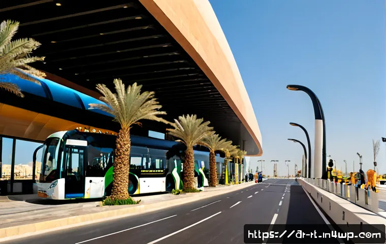 스마트시티 디자인의 지속 가능한 교통 솔루션 - Photorealistic sustainable smart city boulevard in a modern Gulf Arab city, sleek electric bus arriv...