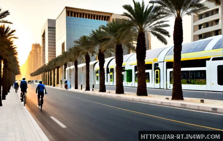 스마트시티 디자인의 지속 가능한 발전 목표 - Photorealistic sustainable smart city boulevard in a modern Arab Gulf city, solar-paneled shade cano...