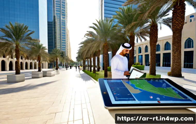 스마트시티 디자인과 데이터 분석 기법 - Photorealistic smart city planning scene in a modern Gulf Arab city, an Arab urban designer in modes...